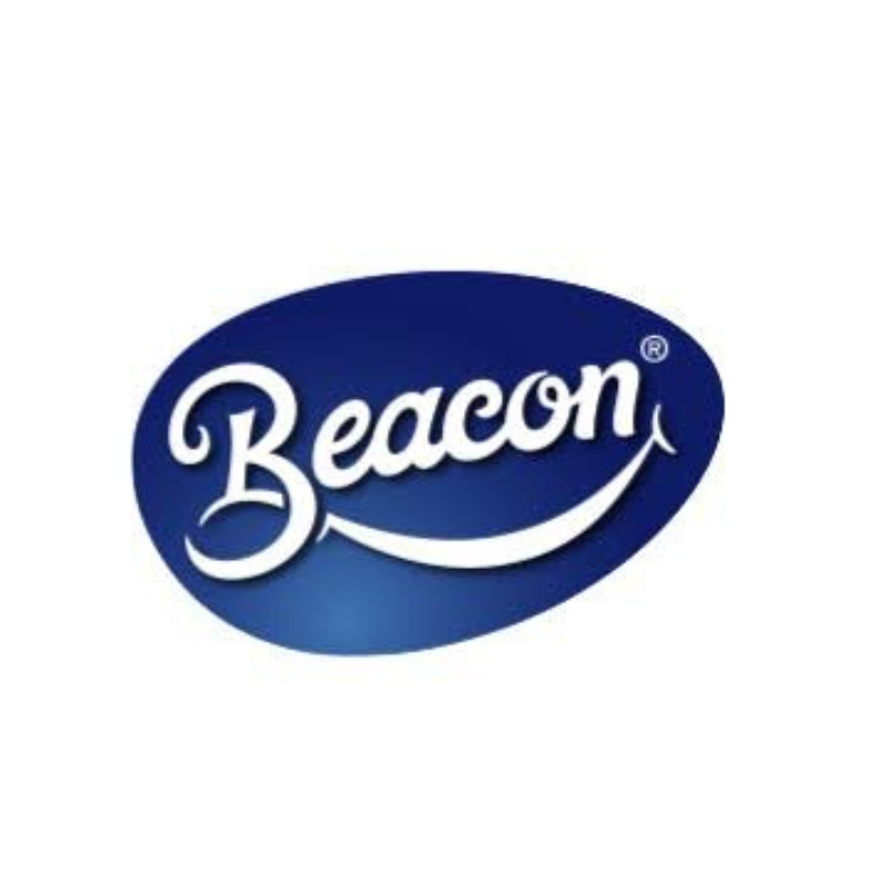 The Beacon brand logo, featuring the word 'Beacon' in white cursive script inside a dark blue oval shape, set against a plain white background.