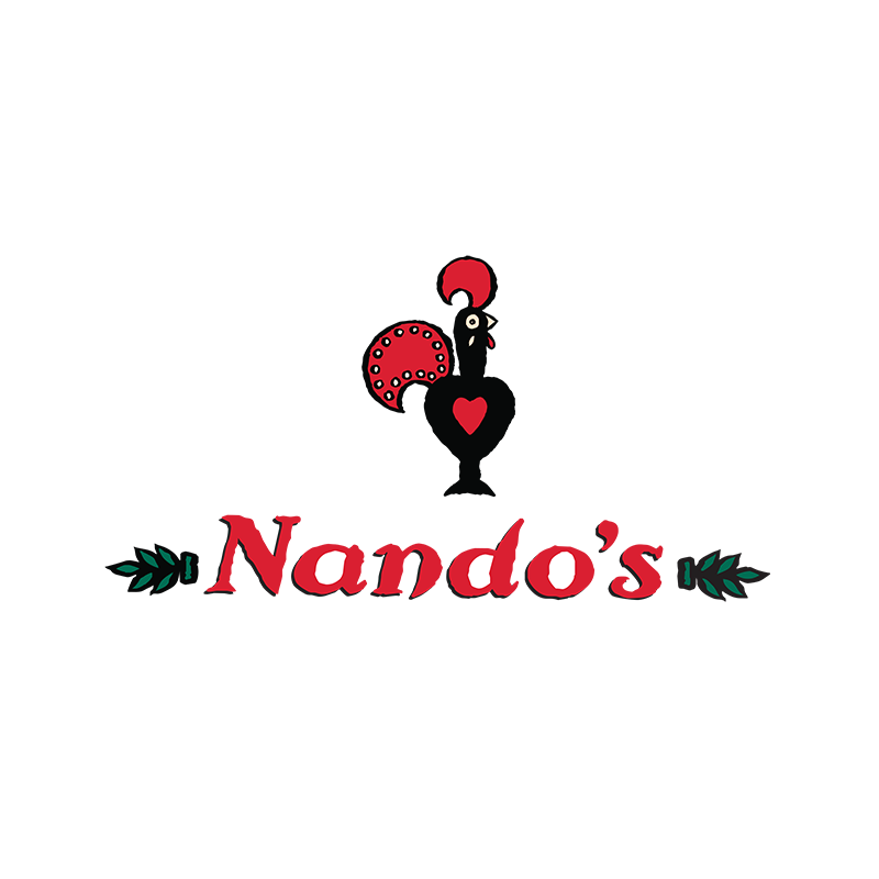 Nando's logo featuring a stylized red and black rooster above the brand name 'Nando's' in red with dark green leaf accents, centered on a plain white background.