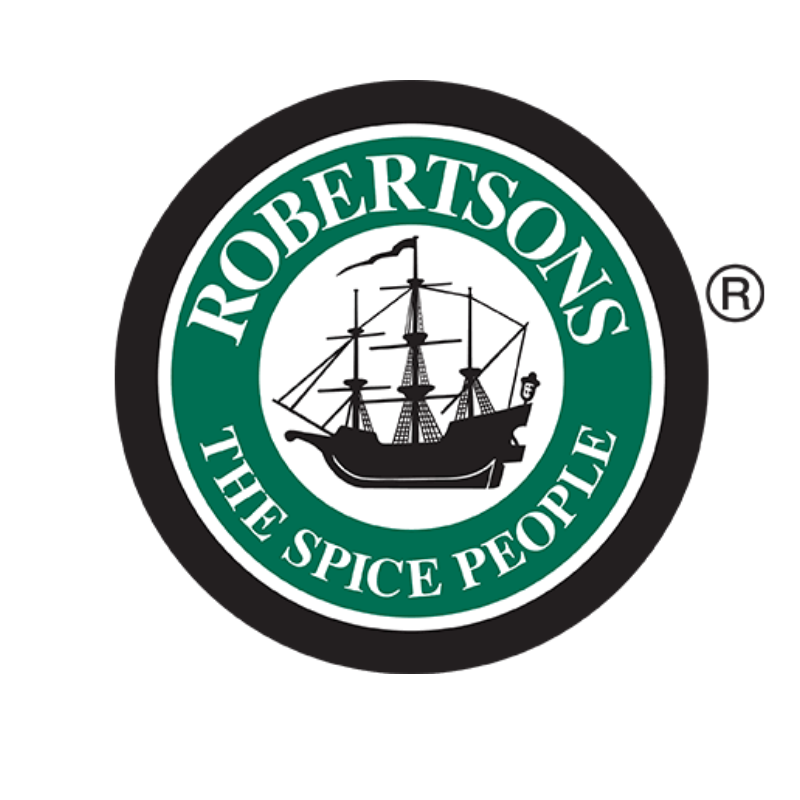 A circular black, green, and white logo for Robertson's The Spice People, featuring a black silhouette of a sailing ship on a green ring with white lettering, centered on a white background.